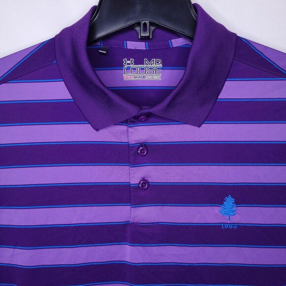 Under Armour Polo Shirt Mens Medium Striped Purple Performance Loose HeatGear - Picture 1 of 11